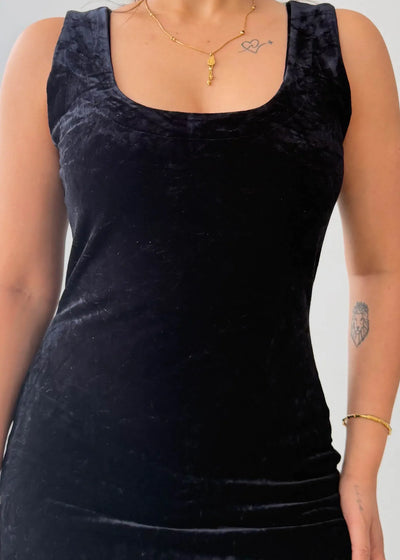 Size M-L, Black Velvet Bodycon Midi Dress - Closet by Payal