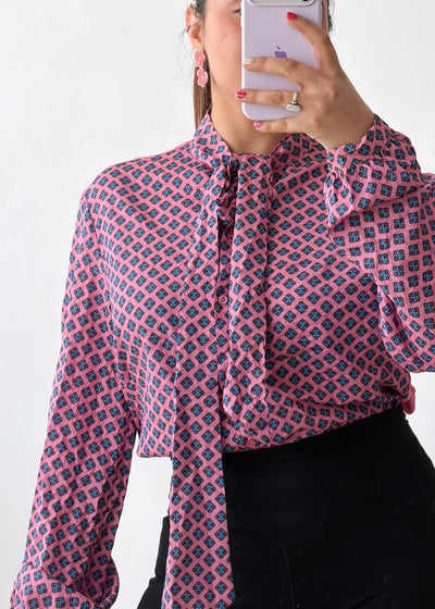 L-XL Pink Geometric Tie Neck Soft Chiffon Shirt