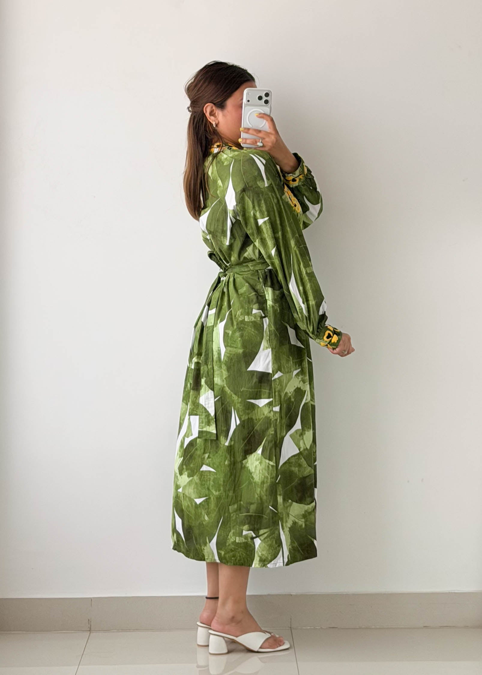 Size M-L Green Tropical Belted Shirt Dress