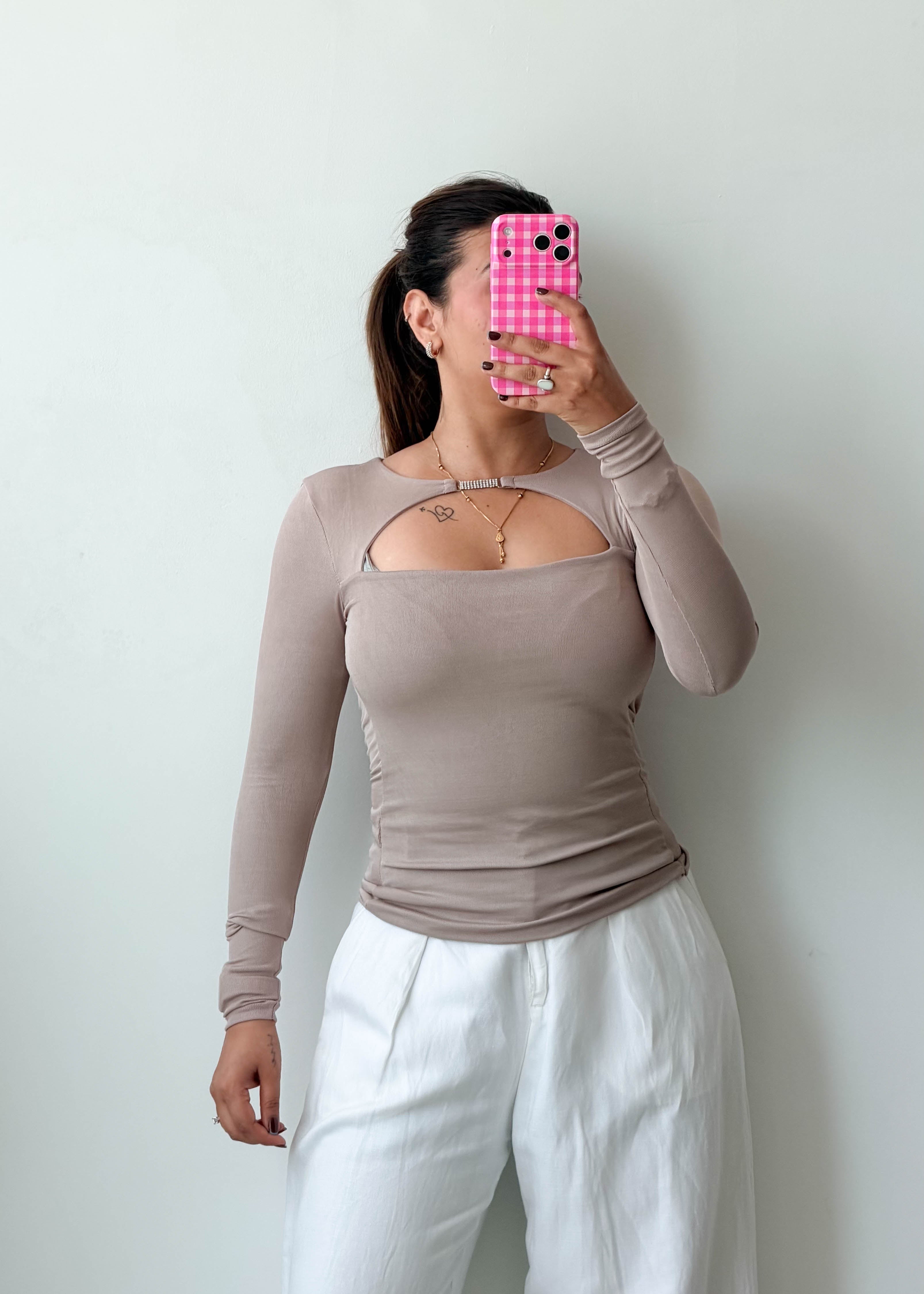 Size XS Taupe Cutout Long Sleeve Top