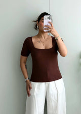Size L-XL, Brown Square Neck Half Sleeve Top - Closet by Payal