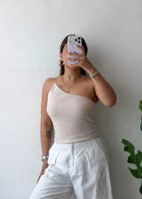Size M, Beige One-Shoulder Top
