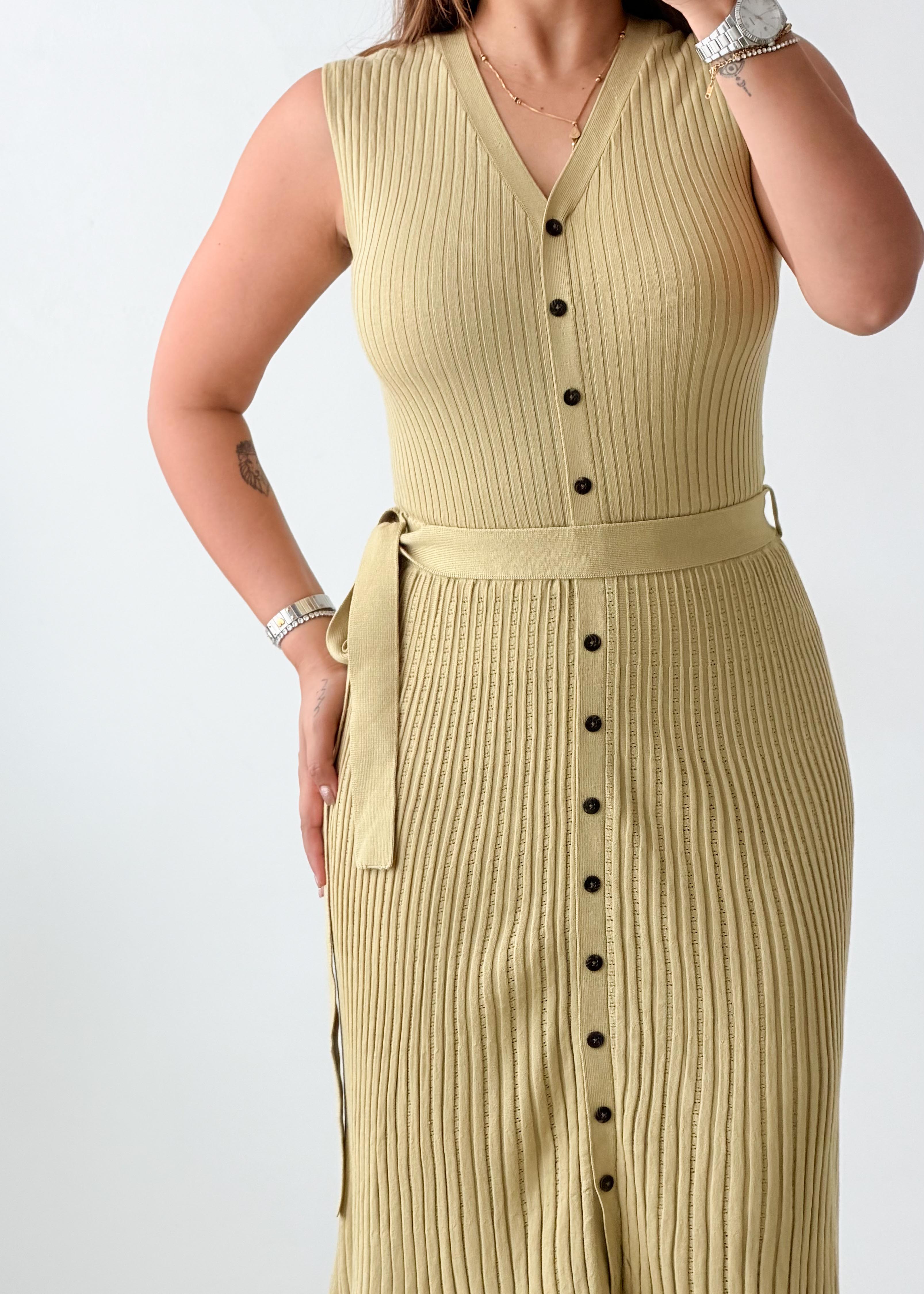 Size S-M Beige Ribbed Button Front Knit Midi Dress (Belt Included)