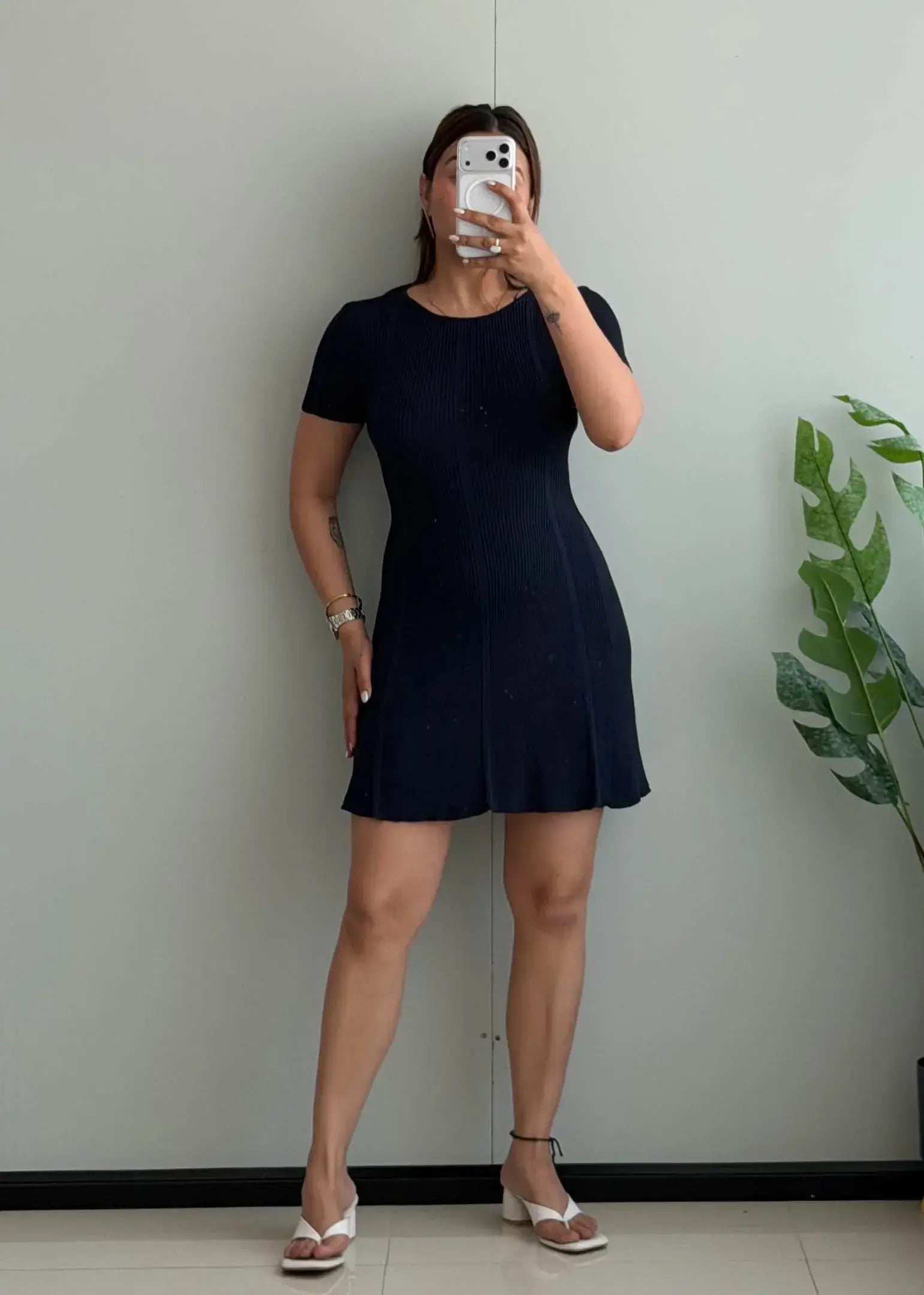 SIZE XS-S, Navy Ribbed A-Line Mini Dress - Closet by Payal