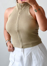 Size M-L Sage Ribbed Zip Halter Top