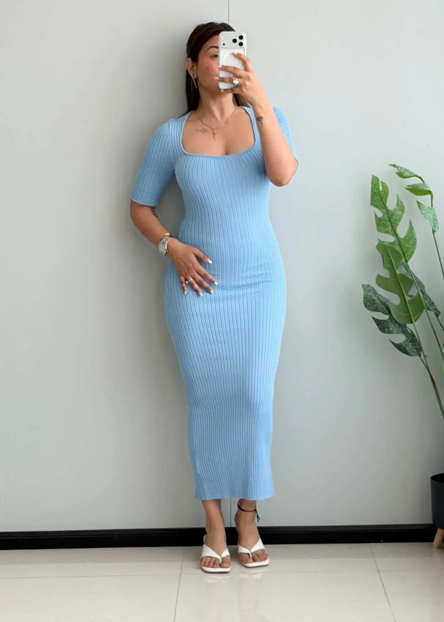 SIZE S-M, Baby Blue Ribbed Square Neck Midi Dress - Closet by Payal