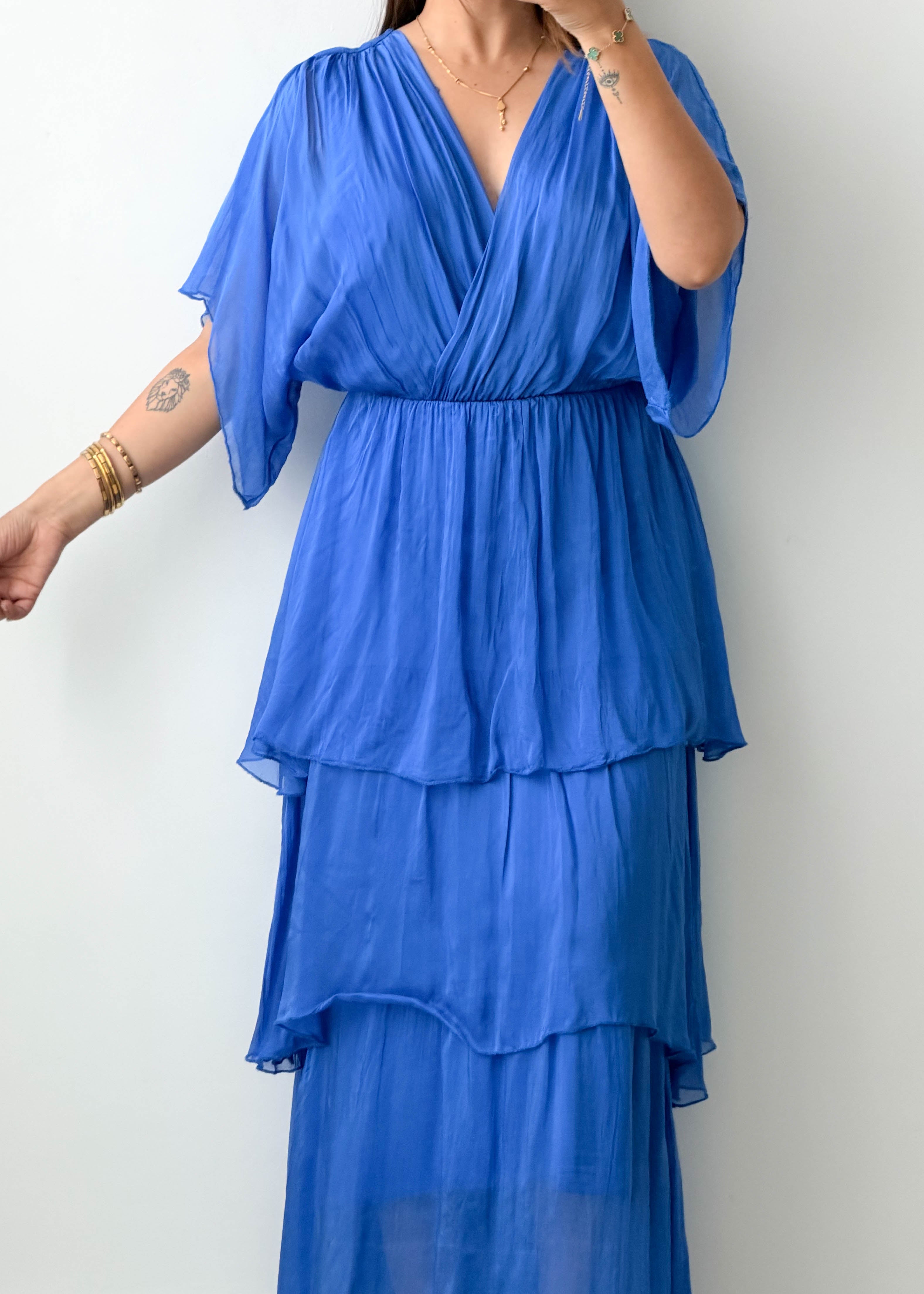 Size M-L Blue Cotton Tiered Maxi Dress