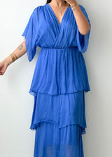 Size M-L Blue Cotton Tiered Maxi Dress