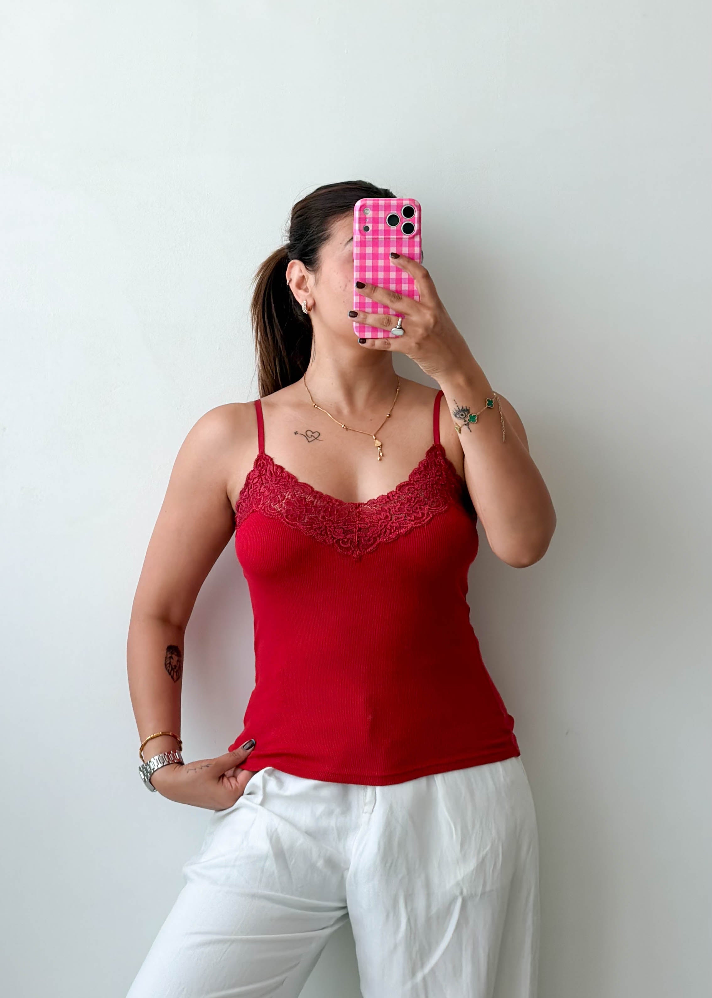 Size S-M Red Lace Trim Cami Top