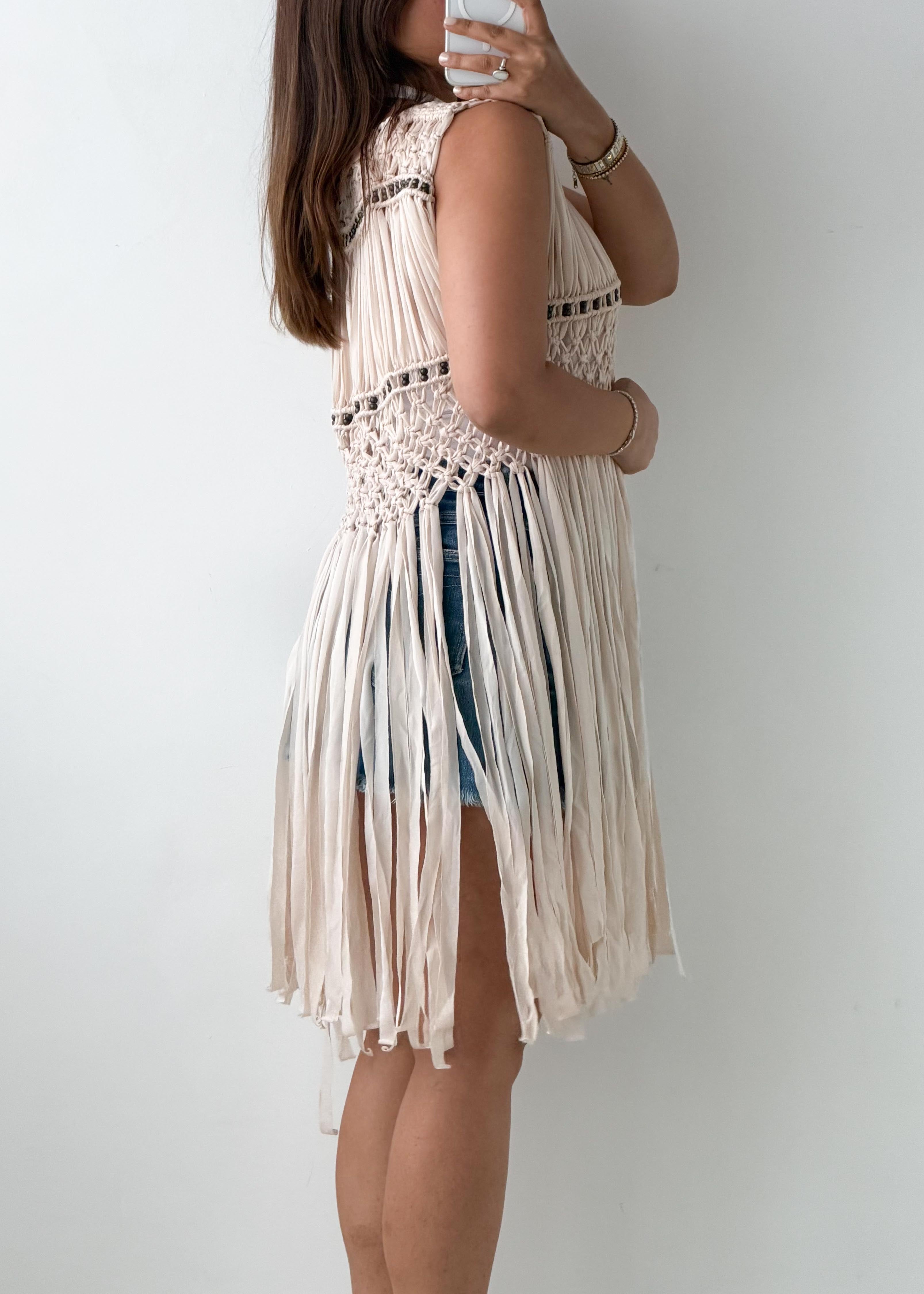 Free Size Beige Fringe Crochet Vest Top