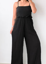 Size S-M Black Textured Wide-Leg Jumpsuit