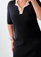 Size M-L Black Contrast Trim Knit Midi Dress
