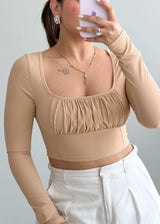 Size XS-S, Beige Ruched Long Sleeve Crop Top - Closet by Payal