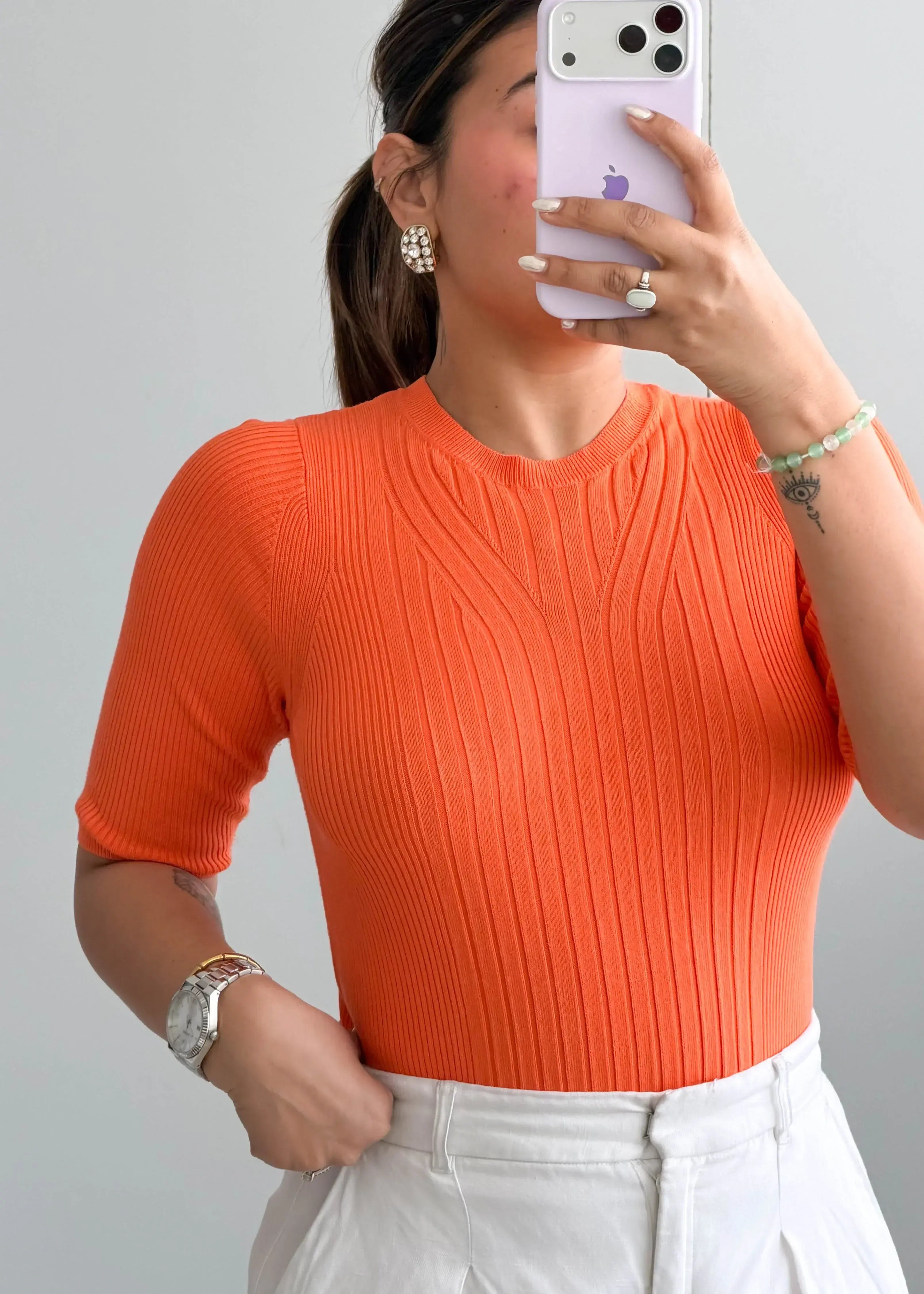 Size S-M, Orange Ribbed Half Sleeve Top - Closet by Payal