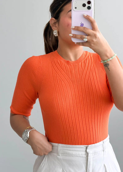 Size S-M, Orange Ribbed Half Sleeve Top - Closet by Payal
