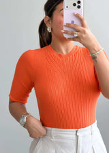 Size S-M, Orange Ribbed Half Sleeve Top - Closet by Payal