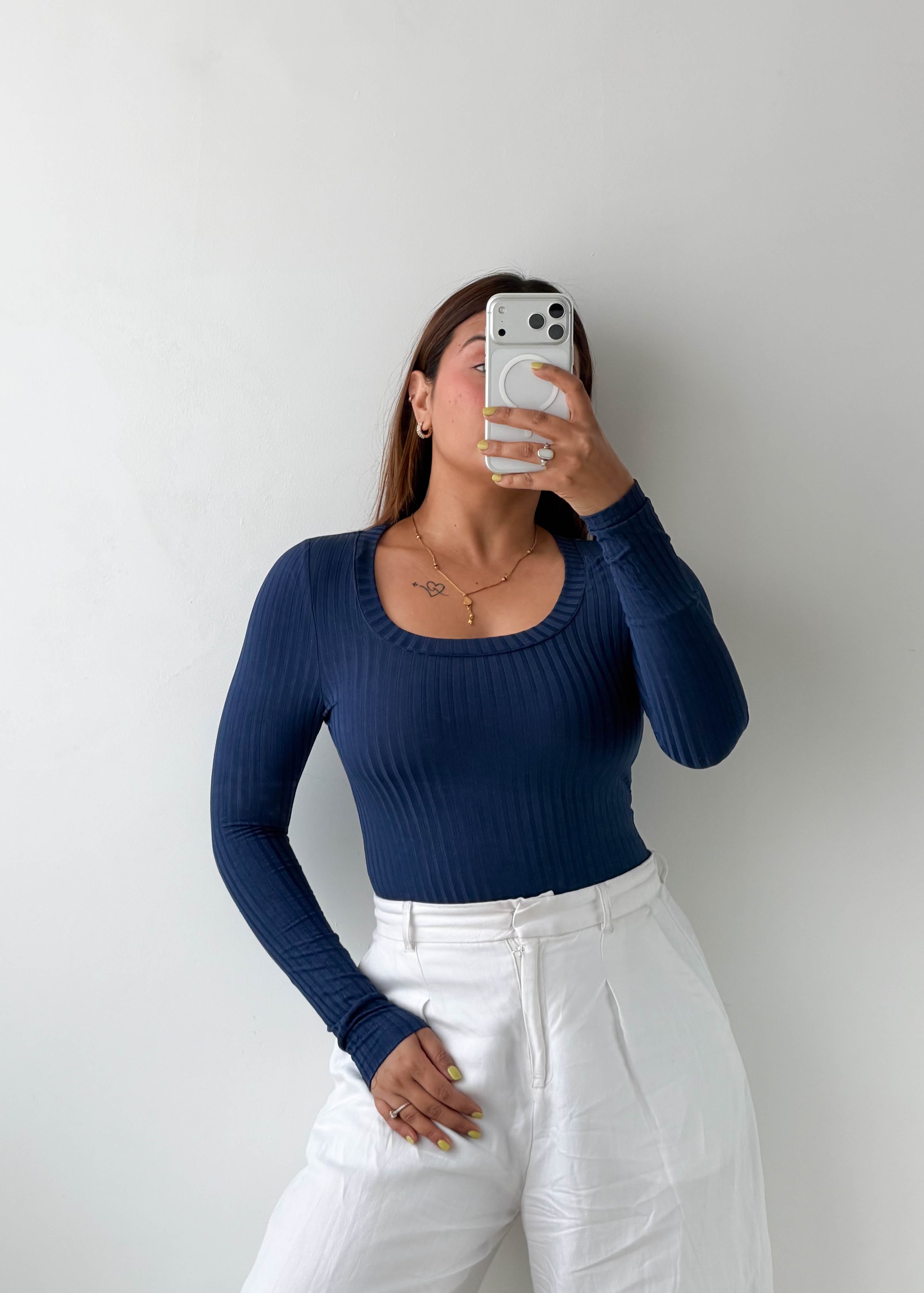 Size XS-S Navy Ribbed Scoop Neck Bodysuit