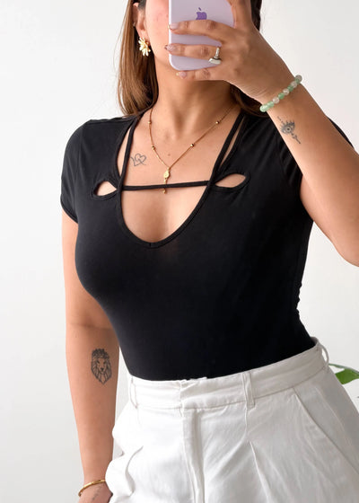 Size S-M, Black Cut-Out Neck Short Sleeve Bodysuit