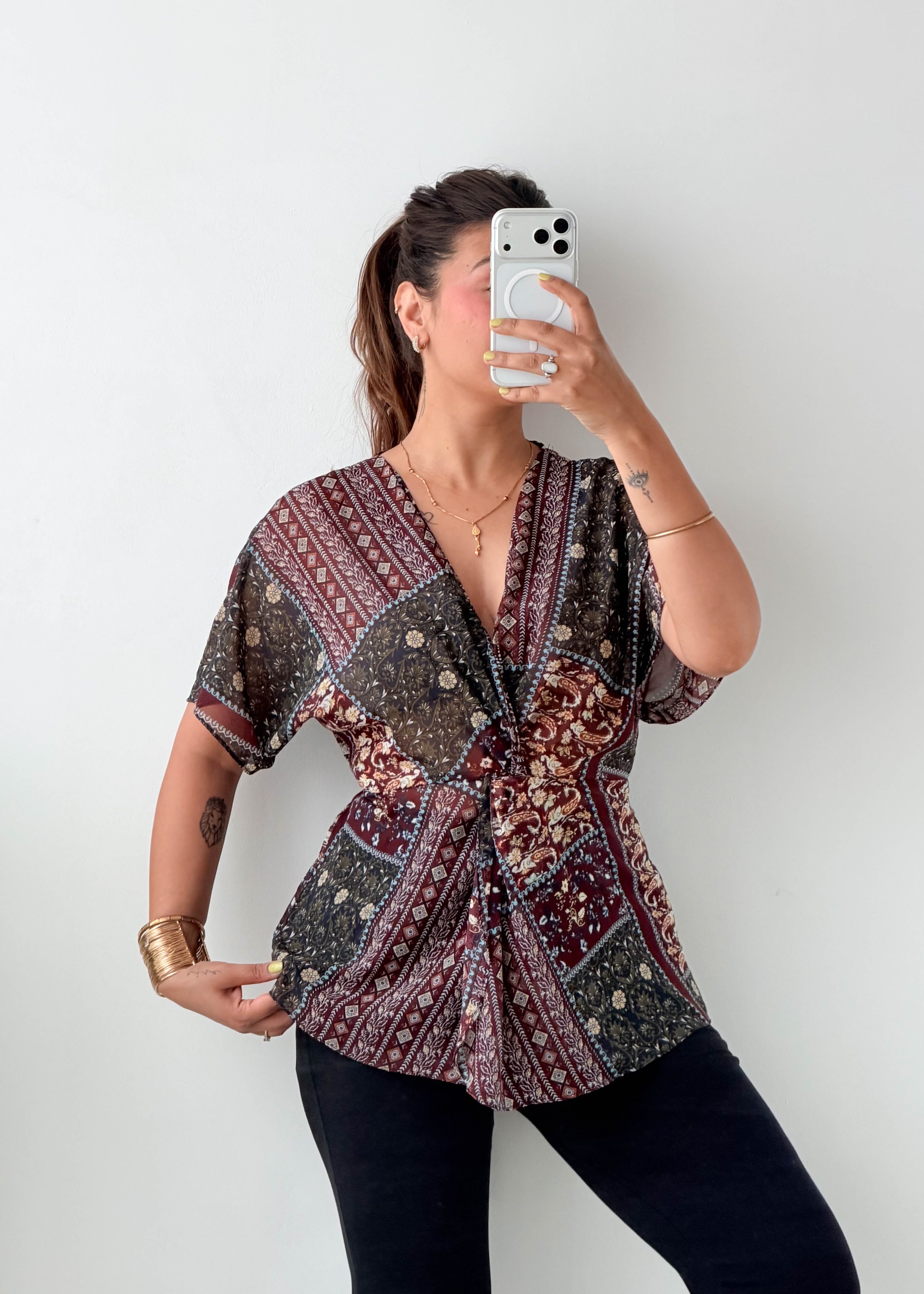 Size S-M Multicolor Patchwork Wrap Top