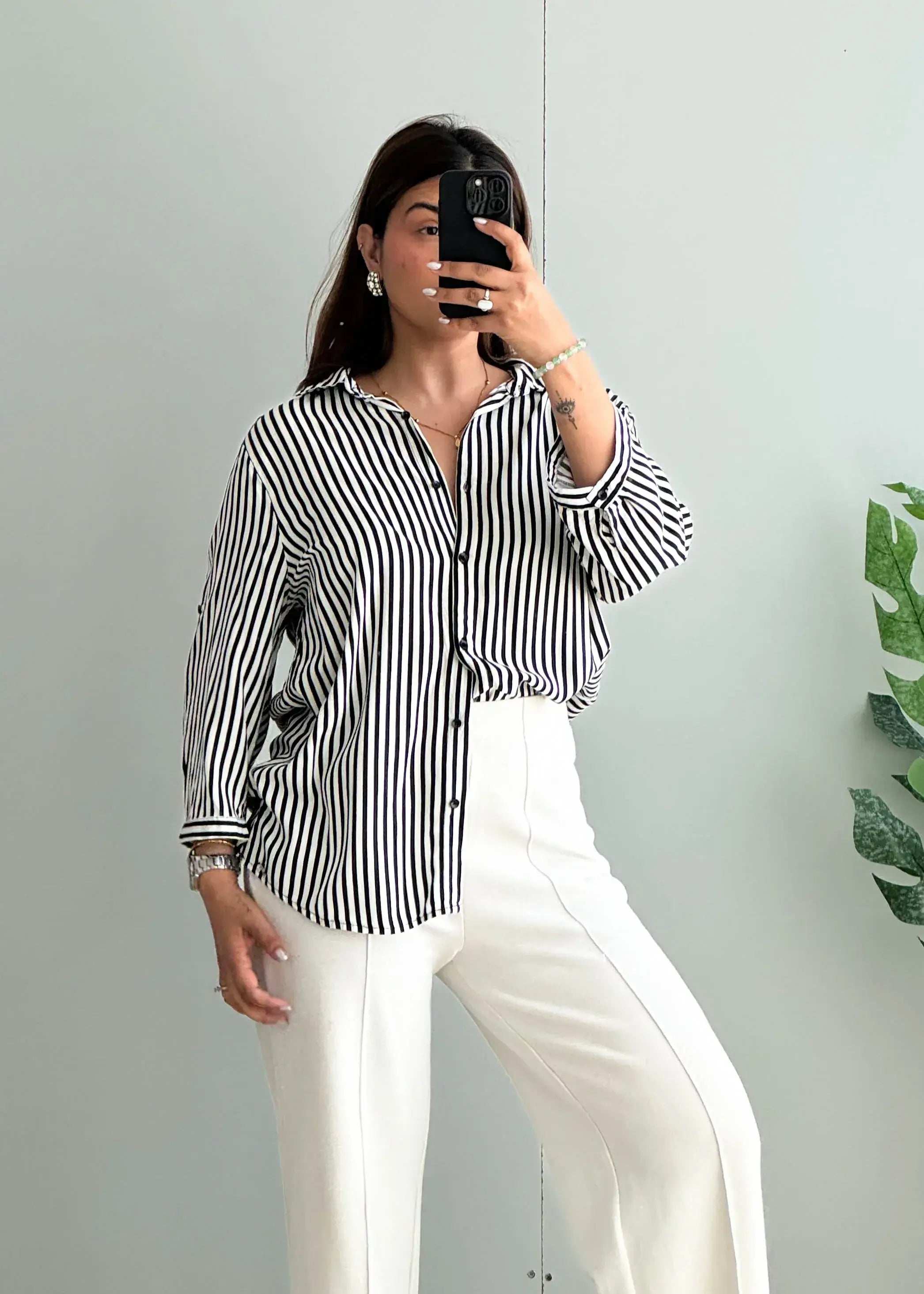Size S-M, Black & White Vertical Stripe Shirt for Women - Closet by Payal
