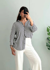 Size S-M, Black & White Vertical Stripe Shirt for Women - Closet by Payal