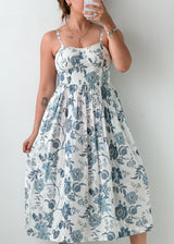 Size XS-S White & Blue Floral Print Midi Dress