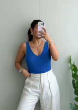 Size L-XL, Blue V-Neck Ribbed Tank Top - Closet by Payal