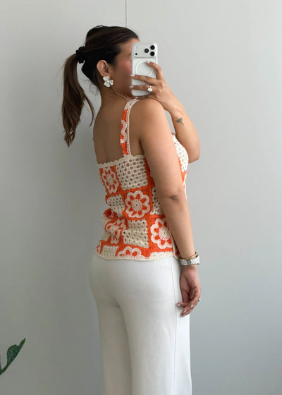 Size S-M, Cream & Orange Crochet Tank Top - Closet by Payal