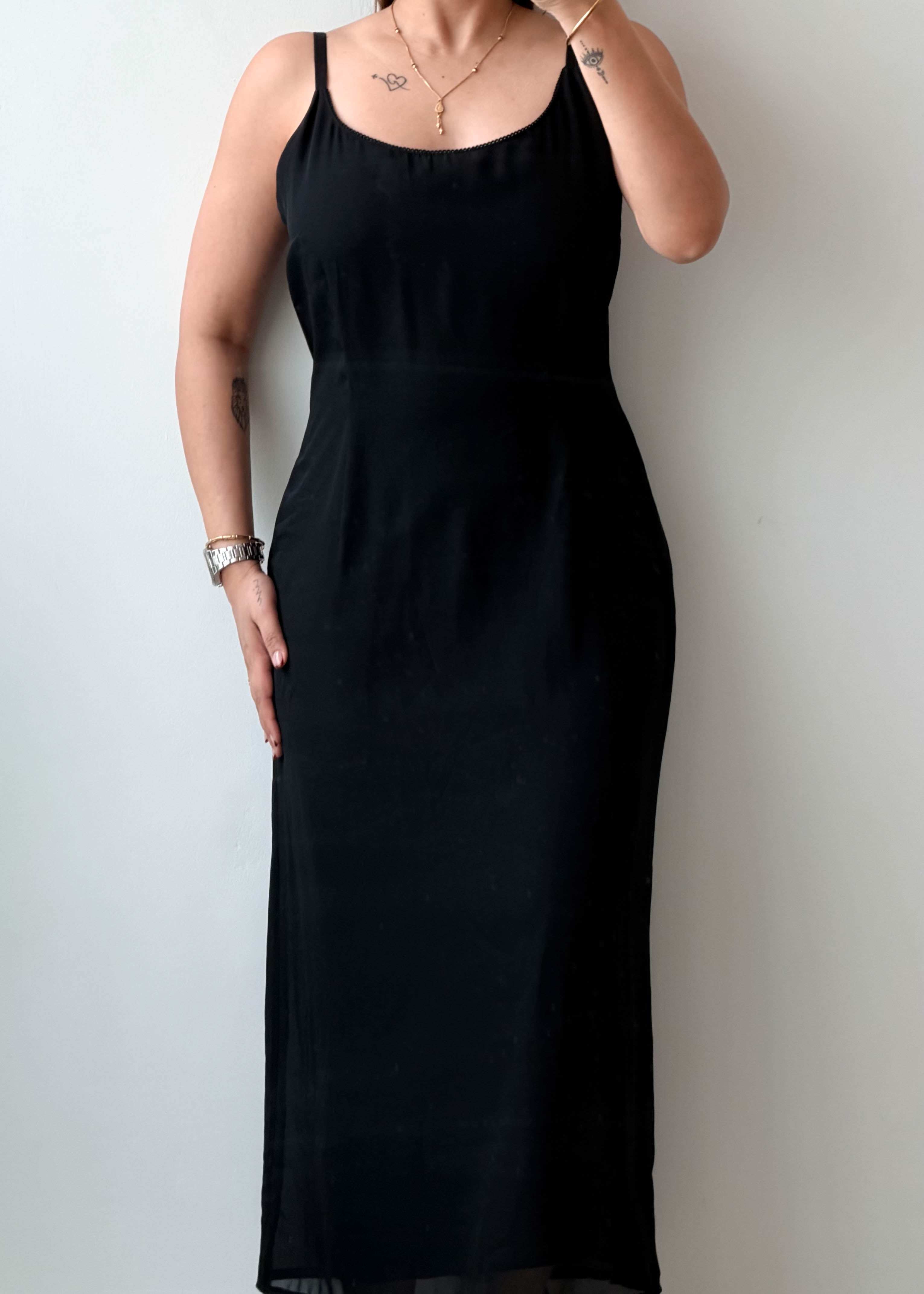 Size M-L Black chiffon Midi Dress With Lining