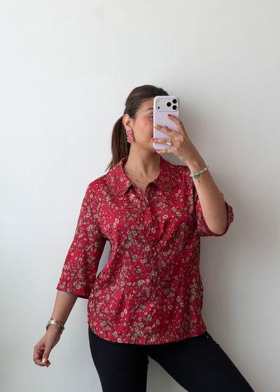 S-M Red Floral Print Cotton Voile Shirt