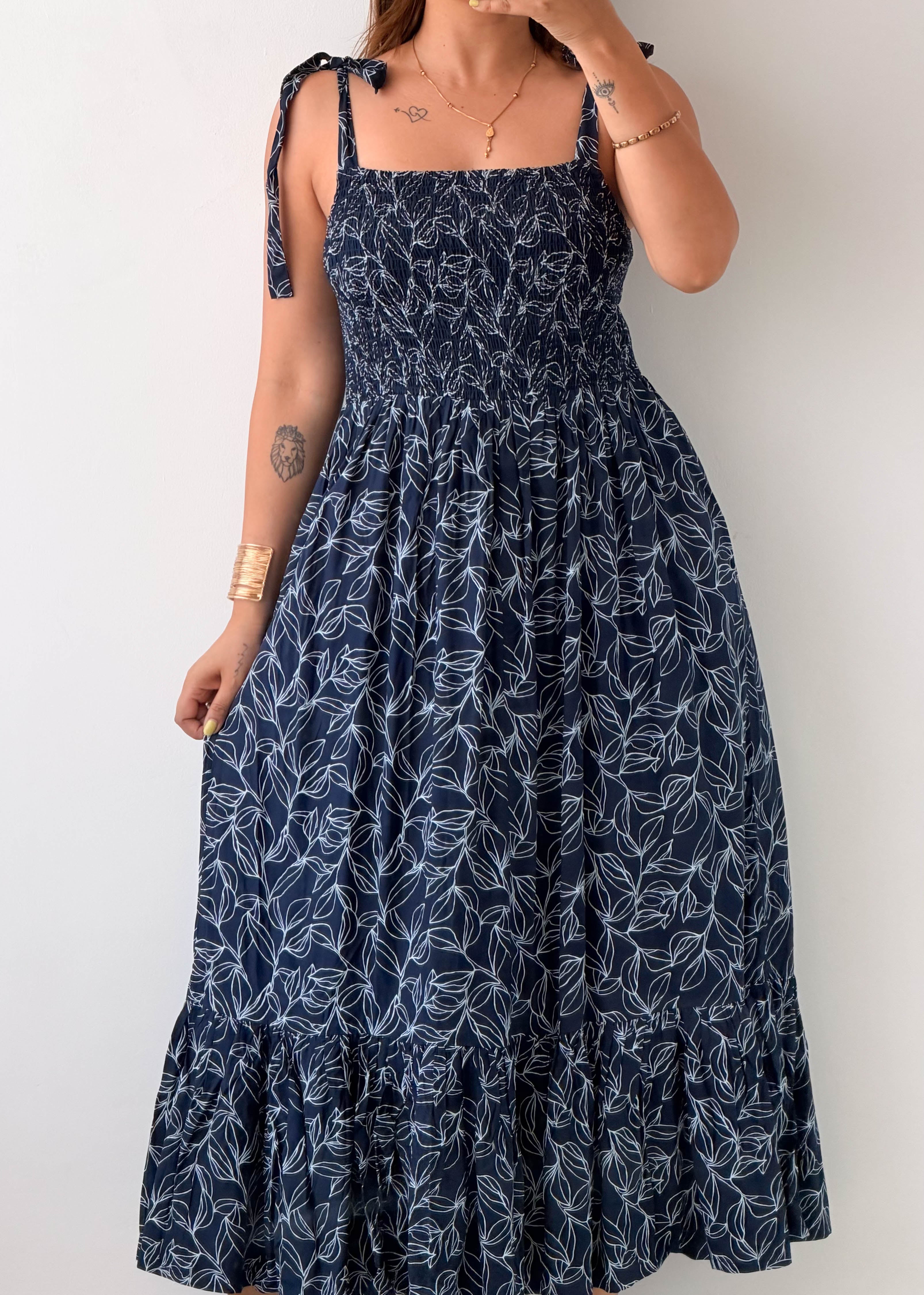 Size M-L Navy Floral Smocked Maxi Dress
