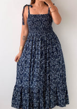 Size M-L Navy Floral Smocked Maxi Dress
