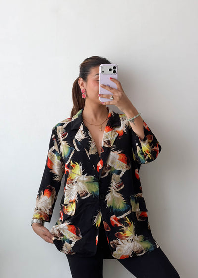 M-L Black Tropical Print Satin Shirt
