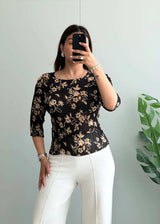 Size M-L, Black Floral Textured Blouse - Closet by Payal