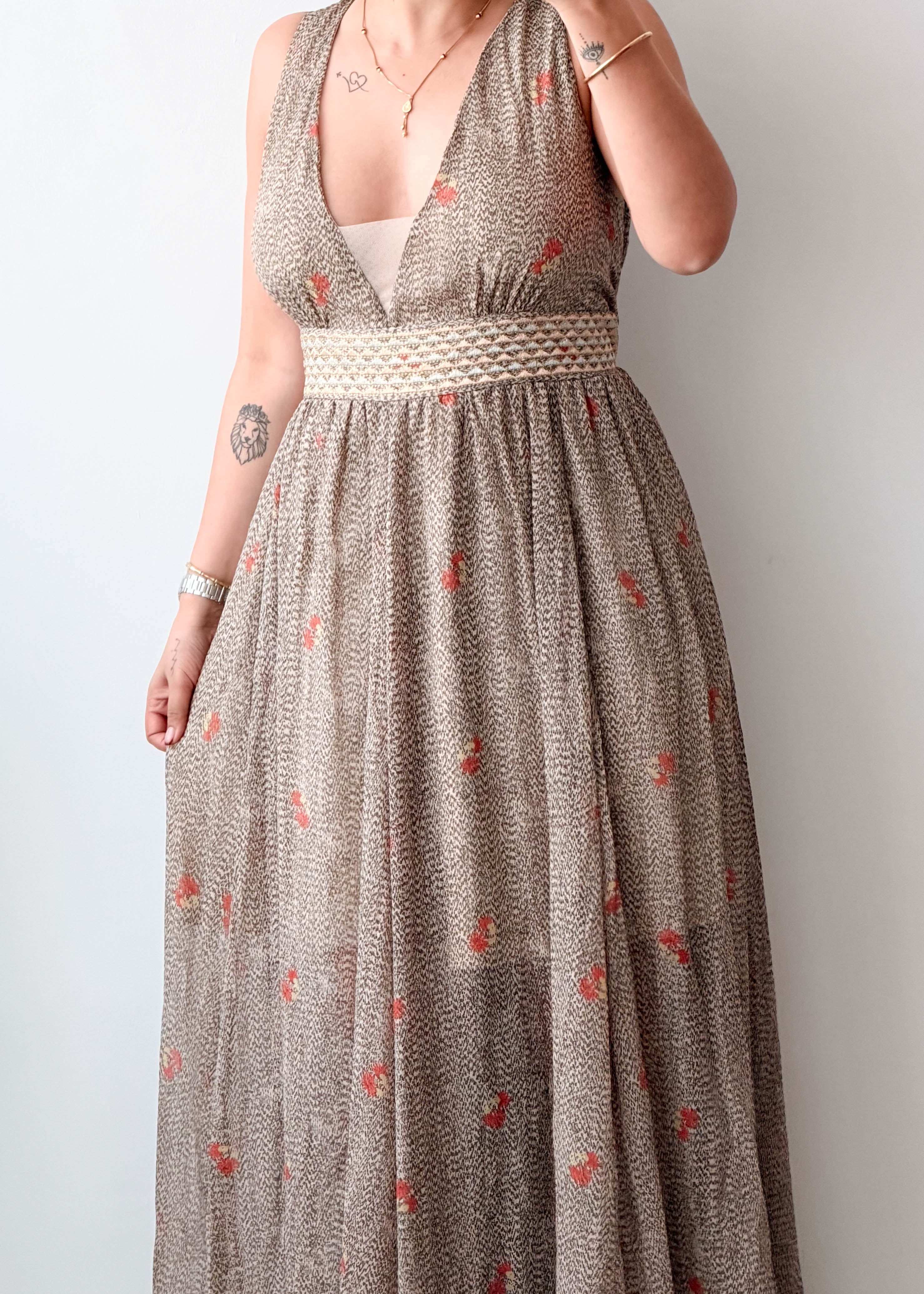 Size L-XL Beige Printed Maxi Dress
