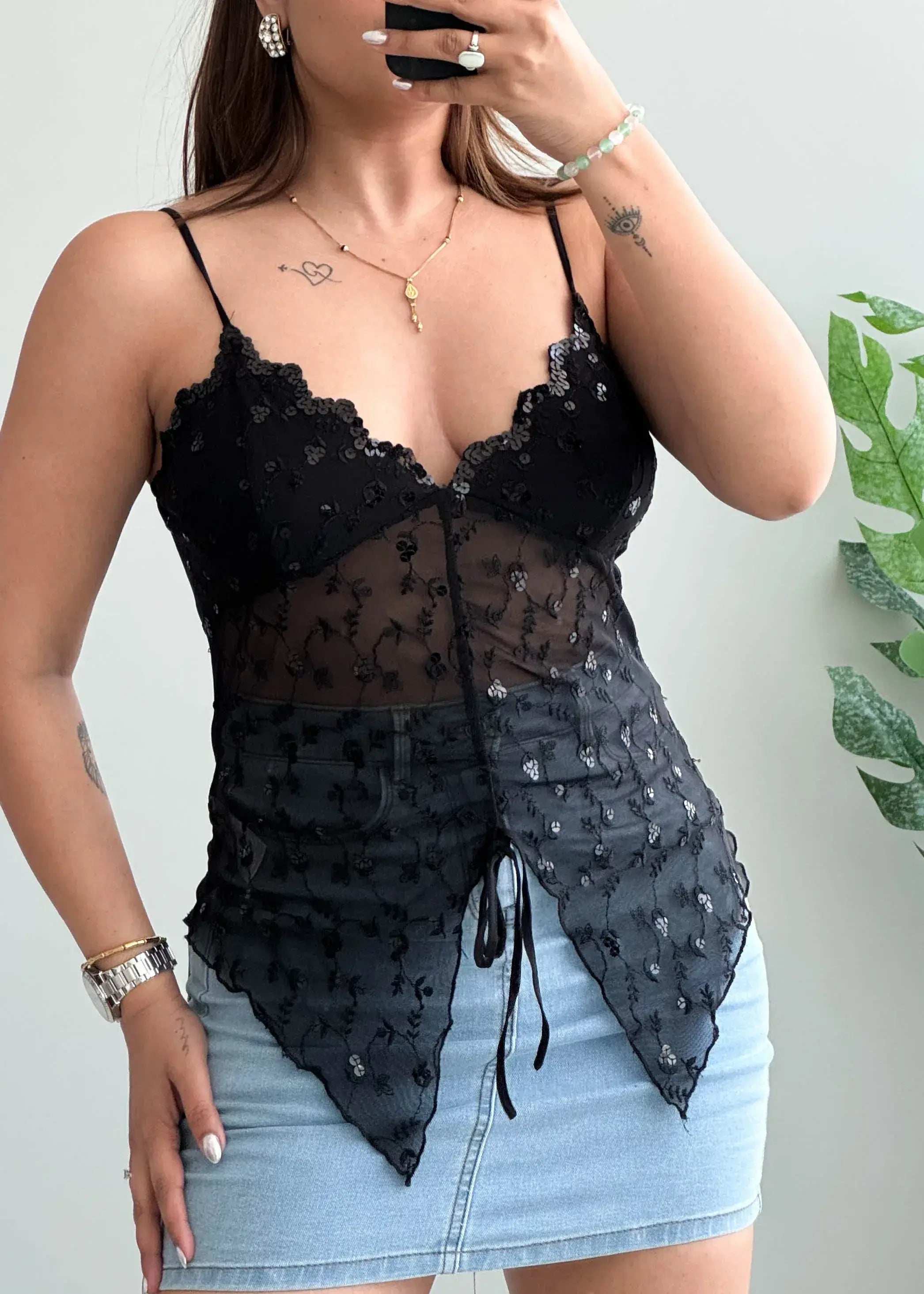 Size XS-S, Black Floral Lace Tie Front Statement Top - Closet by Payal
