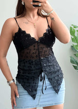 Size XS-S, Black Floral Lace Tie Front Statement Top - Closet by Payal