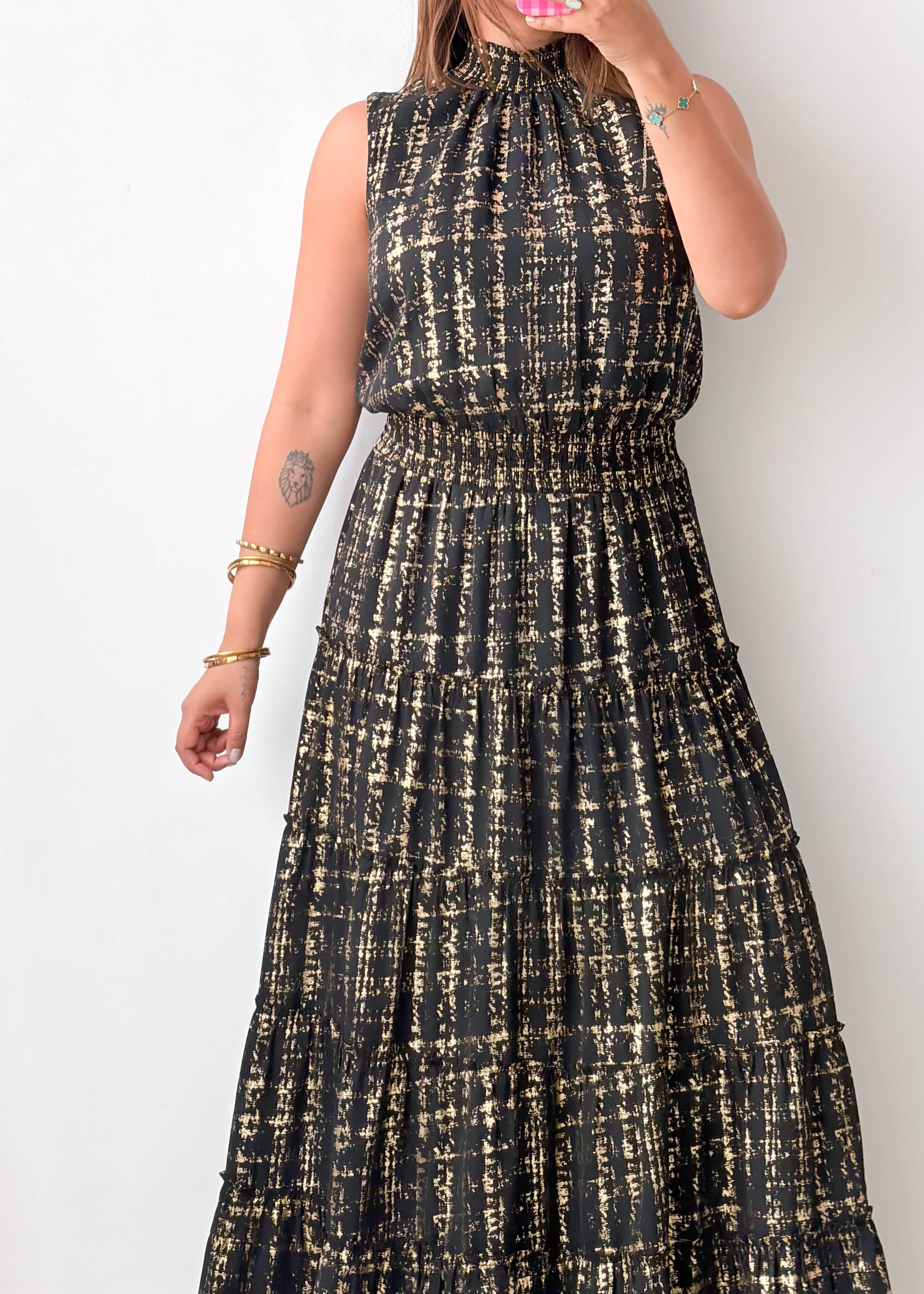 Size M-L Black & Gold Printed Maxi Dress