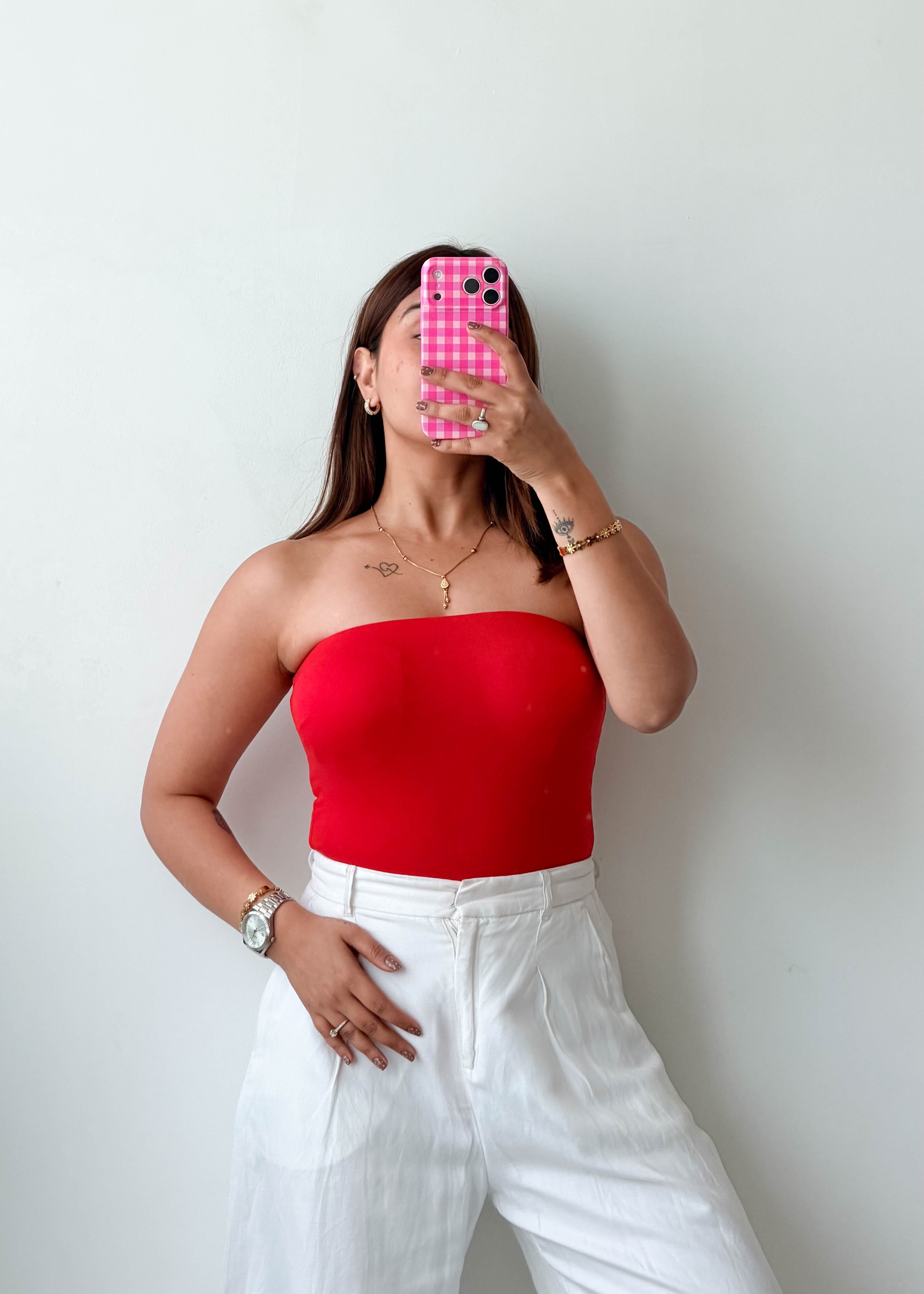 Size XS-S Red Strapless Tube Bodysuit