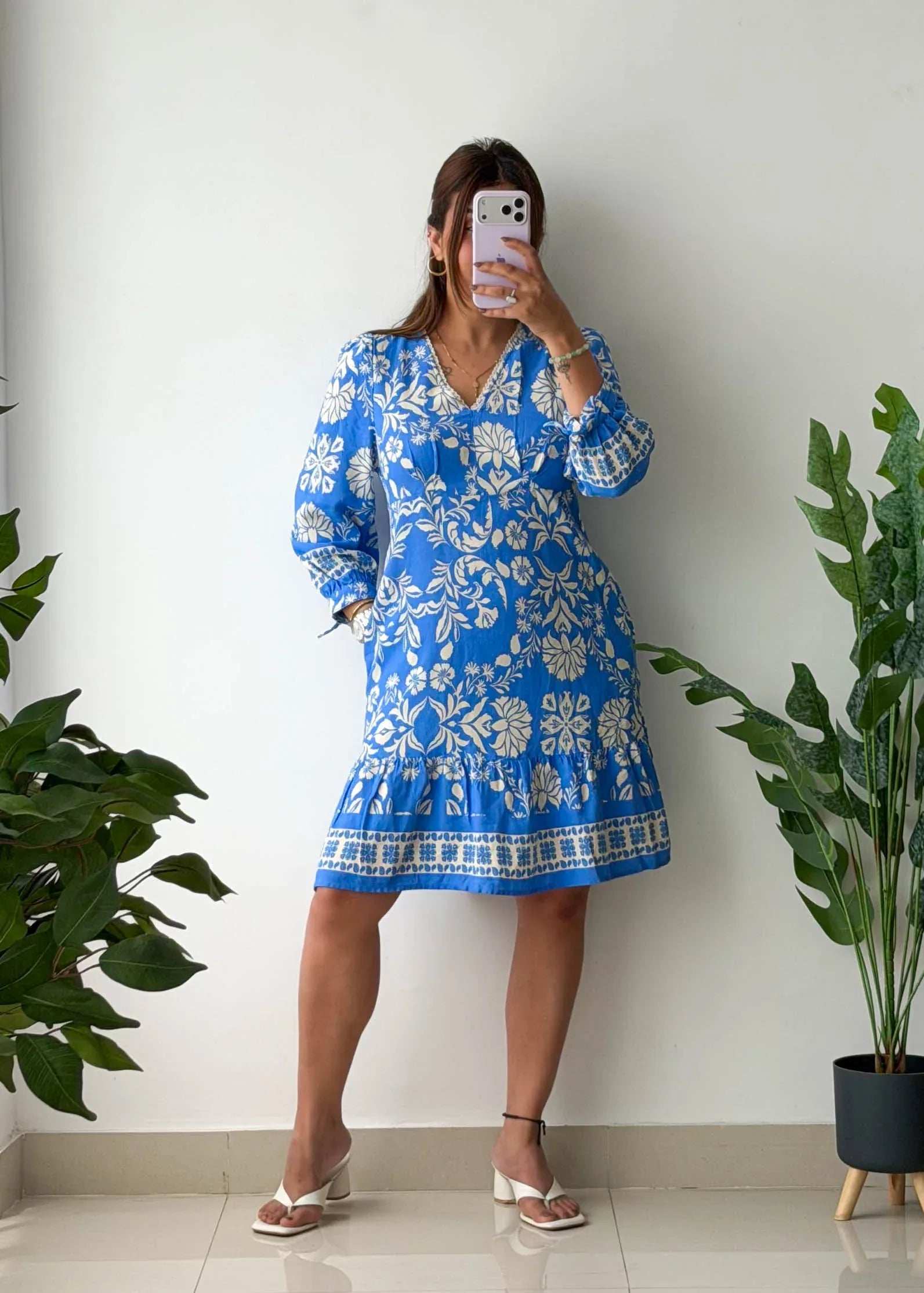 Blue Floral Printed A-Line Dress