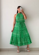 Size S-M Green Printed Tiered Maxi Dress