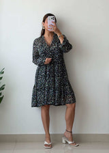 Size M-L Black Floral Flowy Mini Dress (V-Neck)
