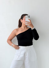 Size S-M Black One Shoulder Ribbed Top