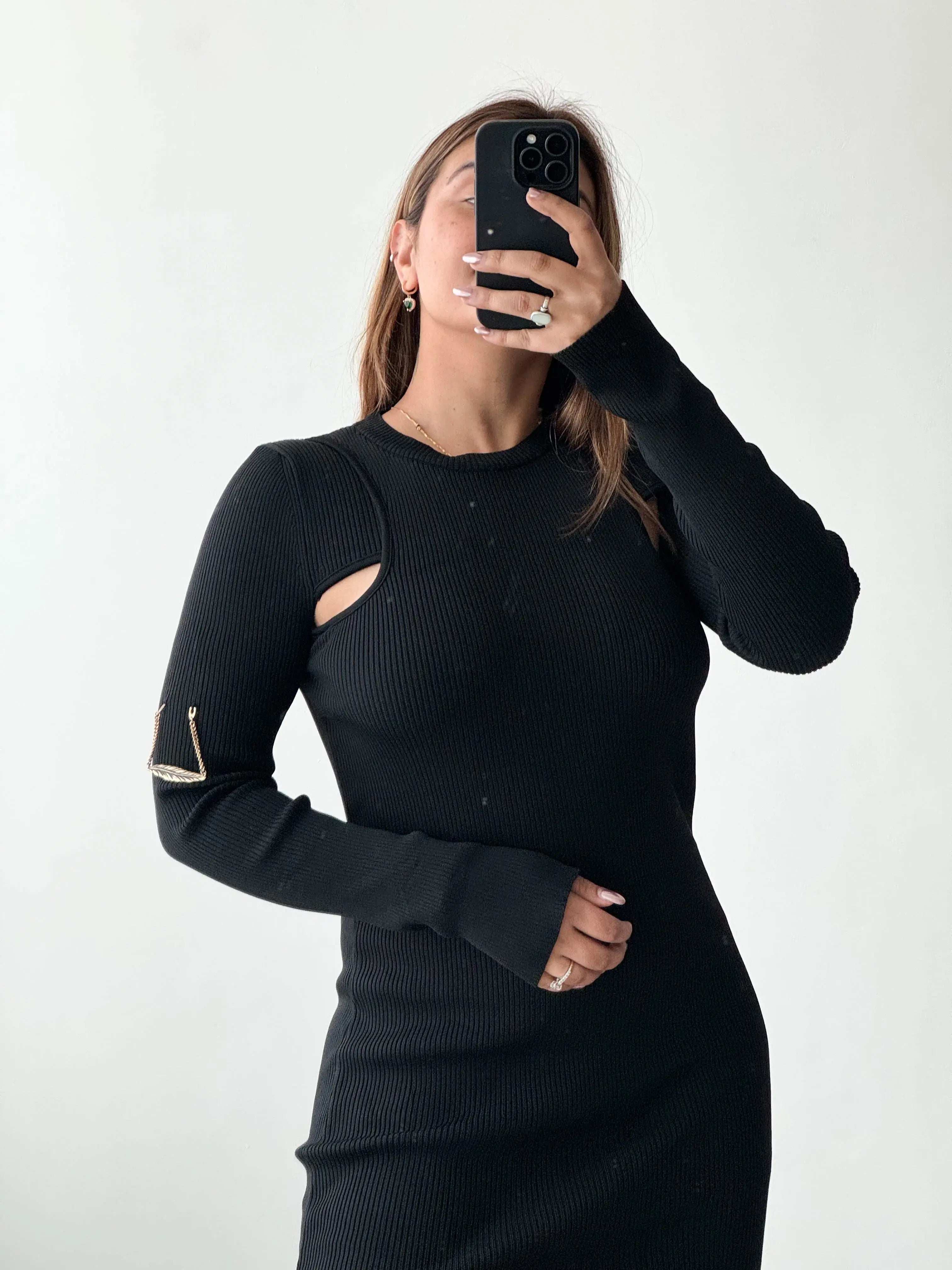Size M-L, Black One Sleeve Cutout Midi Dress