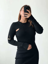 Size M-L, Black One Sleeve Cutout Midi Dress