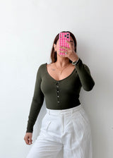 Size S-M Olive Button Front Bodysuit