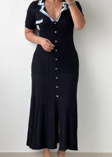 Size S-M Black Contrast Collar Ribbed Knit Maxi Dress
