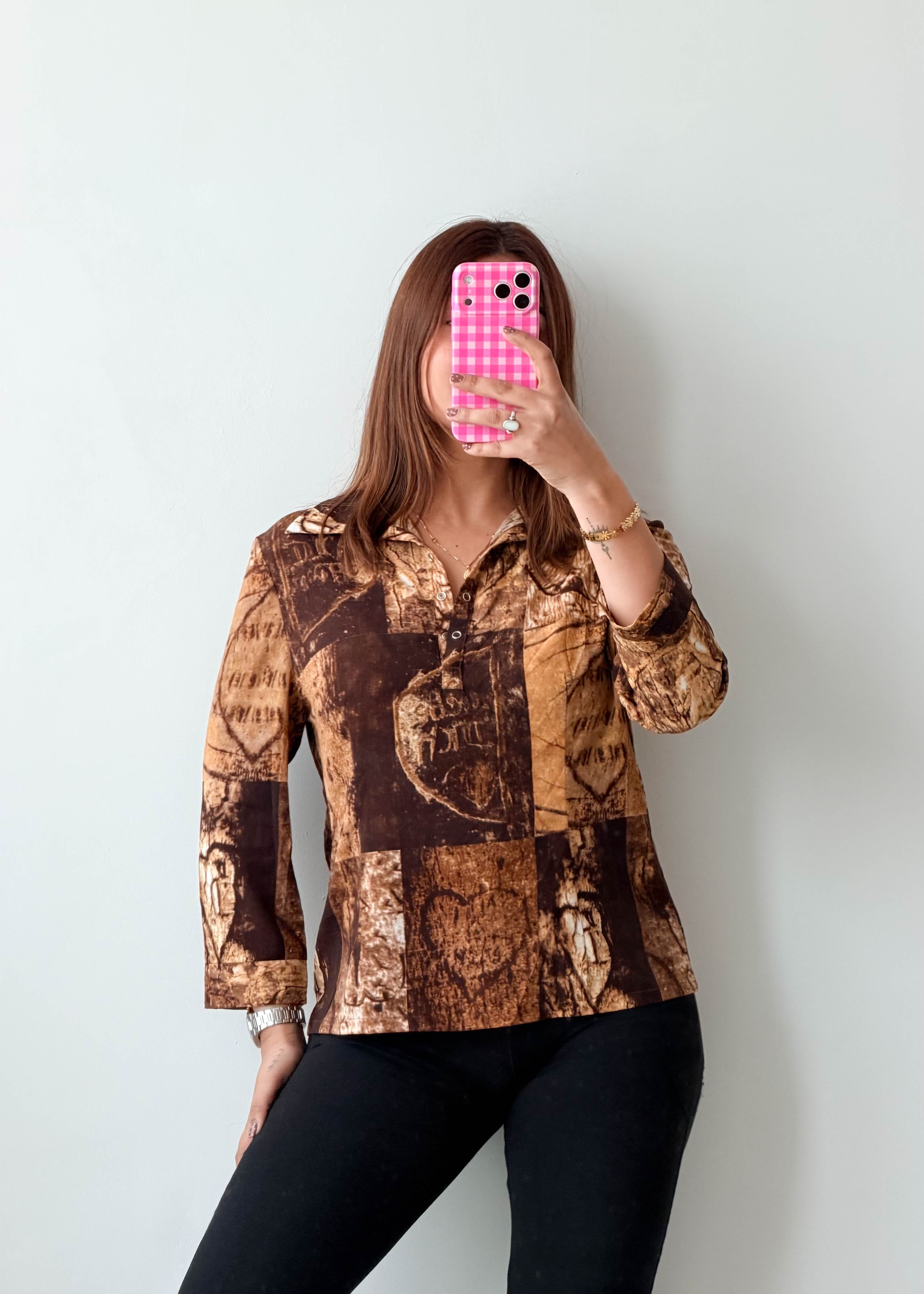 Size S-M Brown Vintage Abstract Print Shirt Top