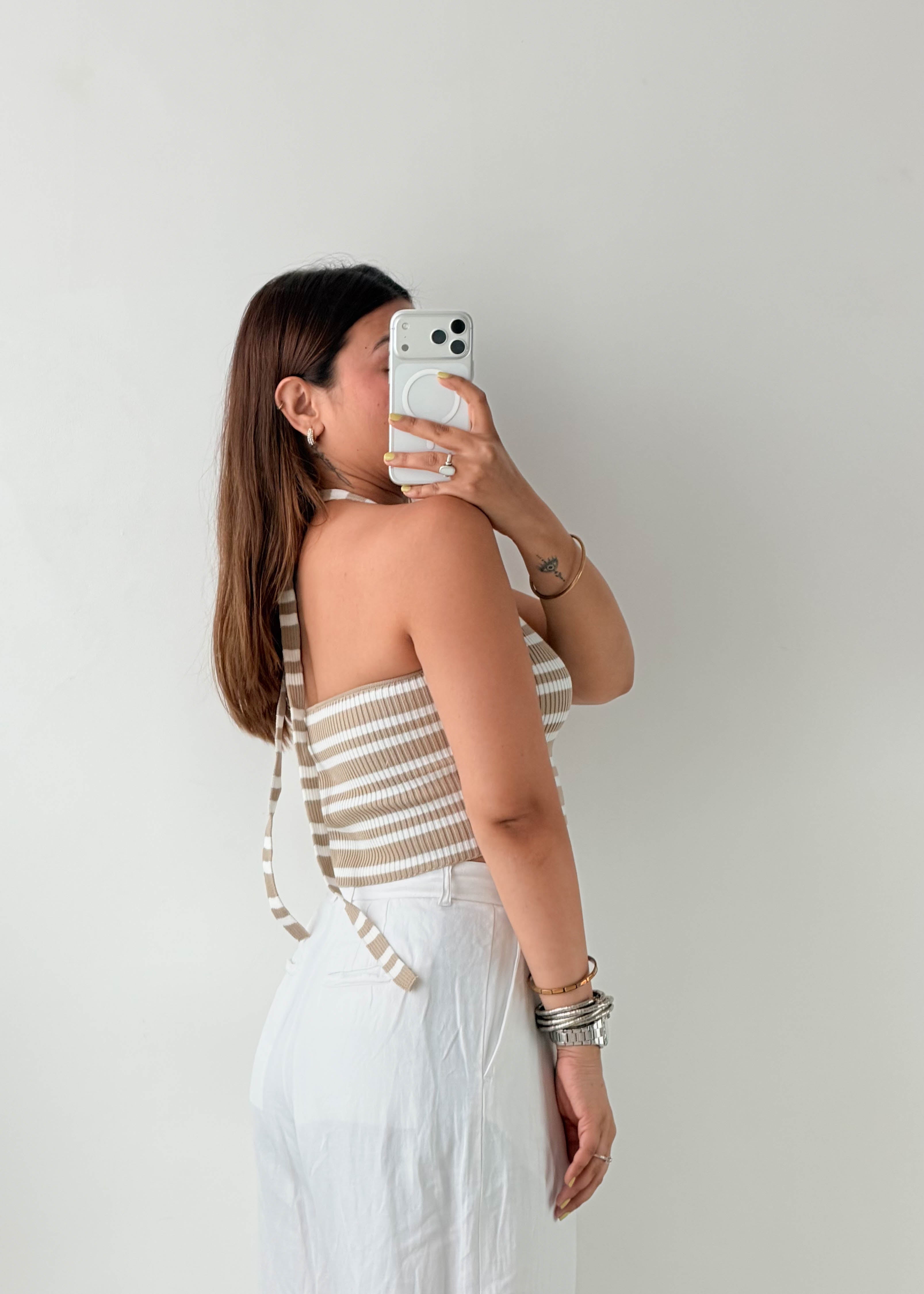 Size S-M Beige Striped Halter Knit Top
