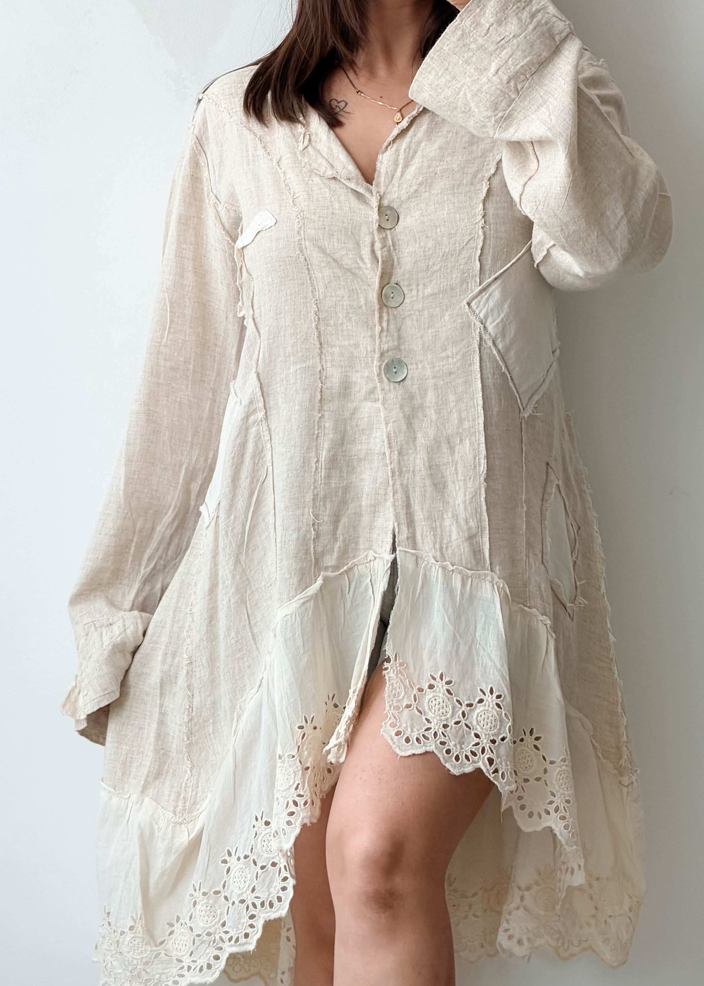 Size M-L Beige Boho Lace Hem Shrug Dress